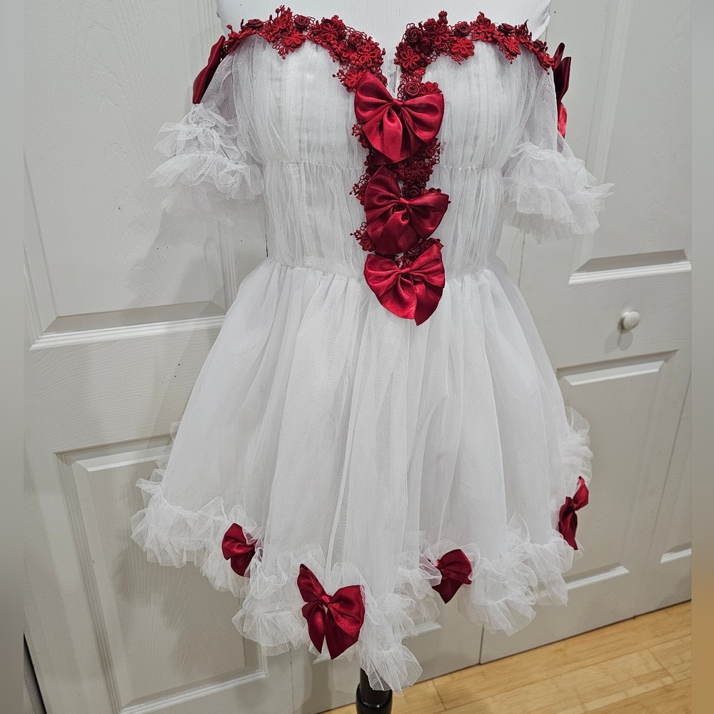 ~SOLD~ Dolls Kill Sugar Thrillz White Tulle Red Bow Winter Rose Mini Dress S - Picture 6 of 8